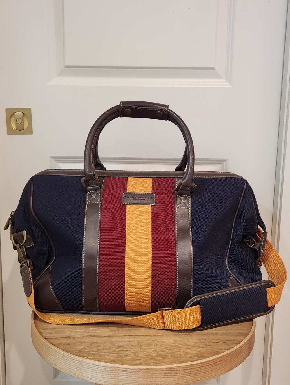 Vintage Tommy Hilfiger Navy Duffel with Red and Yellow Center Stripes